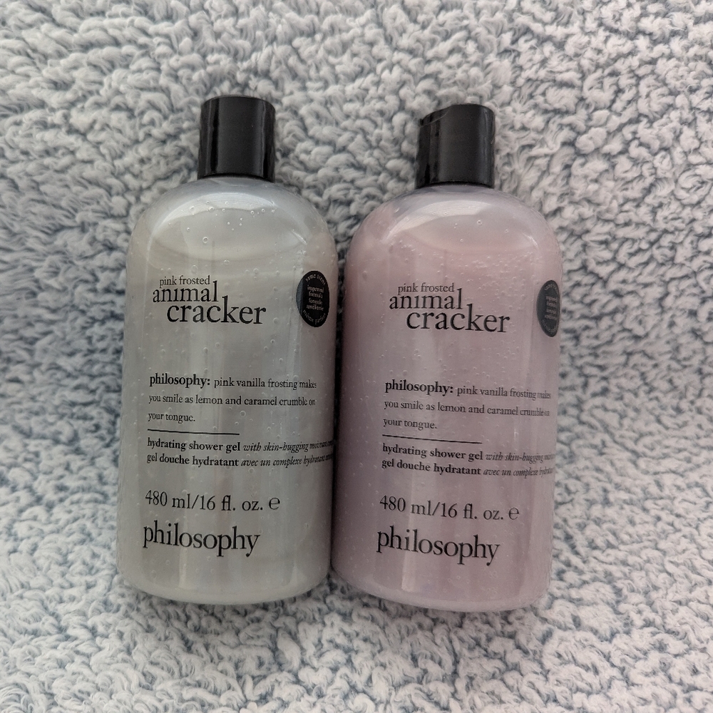 2 Philosophy PINK FROSTED ANIMAL CRACKER Shampoo Shower Gel Bath 16 oz Gray NEW